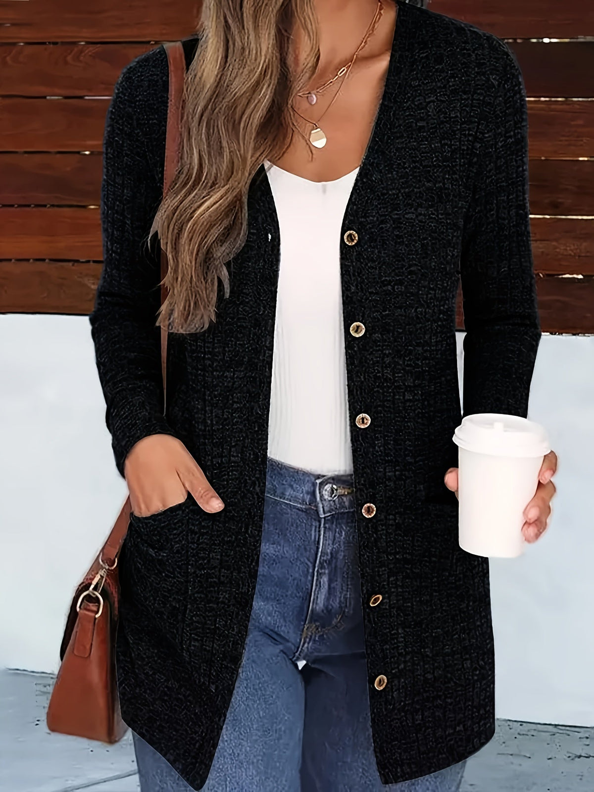 Women's V-Neck Cardigan Coat Buttoned Knit Cardigan with Pockets Solid Color Fall Winter Sweater Coat S-XXL