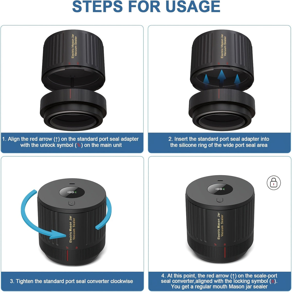 Electric Cordless Vacuum Sealer Kit for Mason Jars – Wide & Standard Mouth, Food Storage & Fermentation, 1-Pack or 2-Pack, Black & White