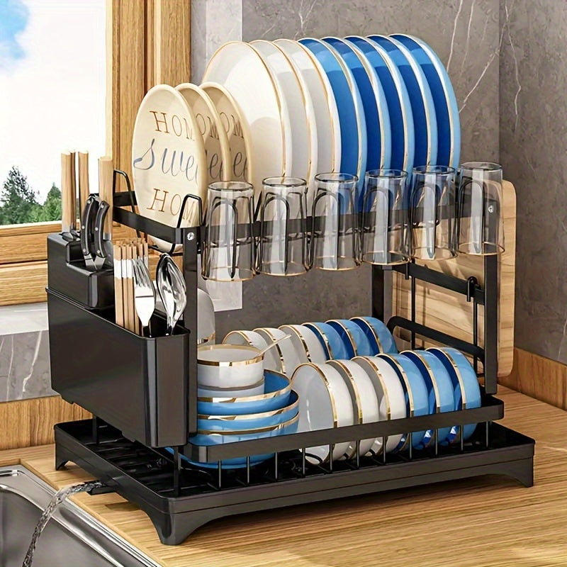 2-Tier Dish Drying Rack for Kitchen Countertop – Gold Metal Dish Drainer with Knife Holder, Cutlery Cup & Chopstick Slots, Large Capacity Organizer for Bowls, Plates, Cups & Utensils