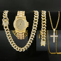 4-Piece Men's Punk Jewelry Set Quartz Watch Cuban Chain Necklace Bracelet and Cross Necklace with Rhinestone Details Hip Hop Style Gift for Men