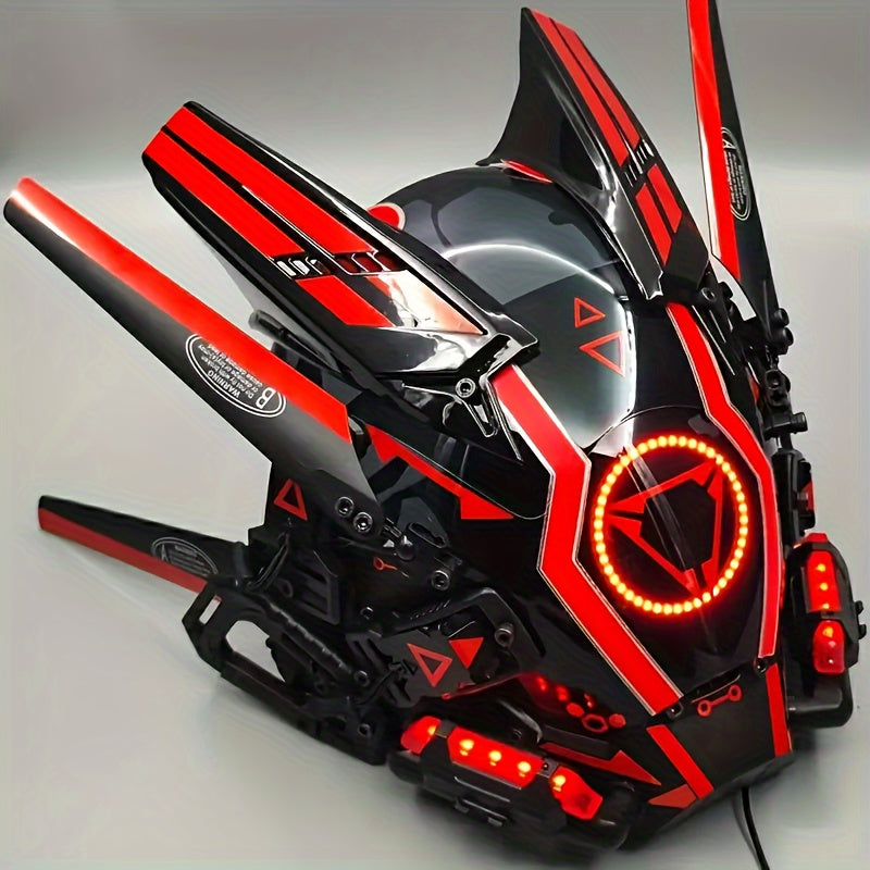Cyberpunk LED Mask with Horns & Tassels Red and White Futuristic Headwear – Halloween Cosplay Costume, Rave Party Festival Mask, Photography Prop, Dress-Up Accessory & Collectible Gift