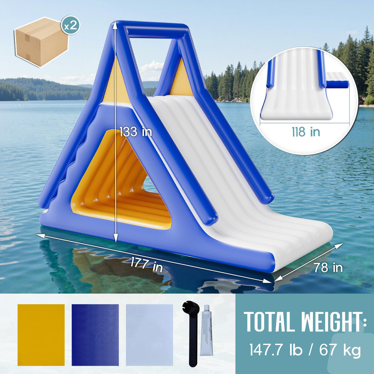 PAPAJET Inflatable Slide Outdoor Play Set, 10/15/16 FT Thickened PVC Water Slide for Pool, Lake, Yacht & Party, Raised Side Rails, Quick Setup with Straps - Available in Blue & Gray