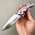 Folding Pocket Knife 7 Inch Hearts Engraved – 3Cr13 Steel Blade EDC Knife Aluminum Heart Handle Belt Clip Donut Accent, Stylish Everyday Carry for Camping Hiking Collecting Gift, Rosy Pink Red Lavender Blue Rose
