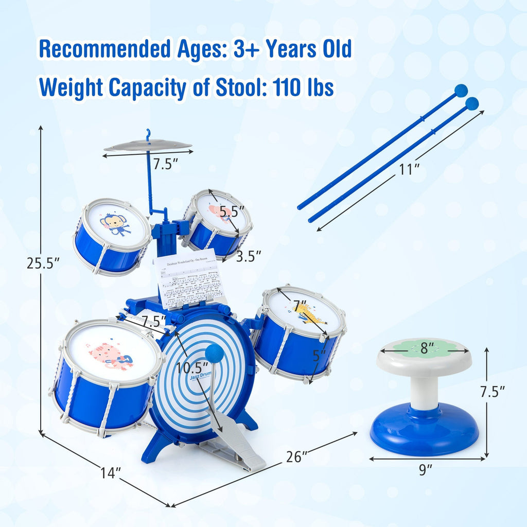 Kids Drum Set for Toddlers & Children - Complete Jazz Kit with Bass Drum, 2 Mid Drums, 2 Snare Drums, Cymbal, Spring Foot Pedal, Drumsticks, Music Stand & Stool | Beginner Percussion Gift for Boys & Girls