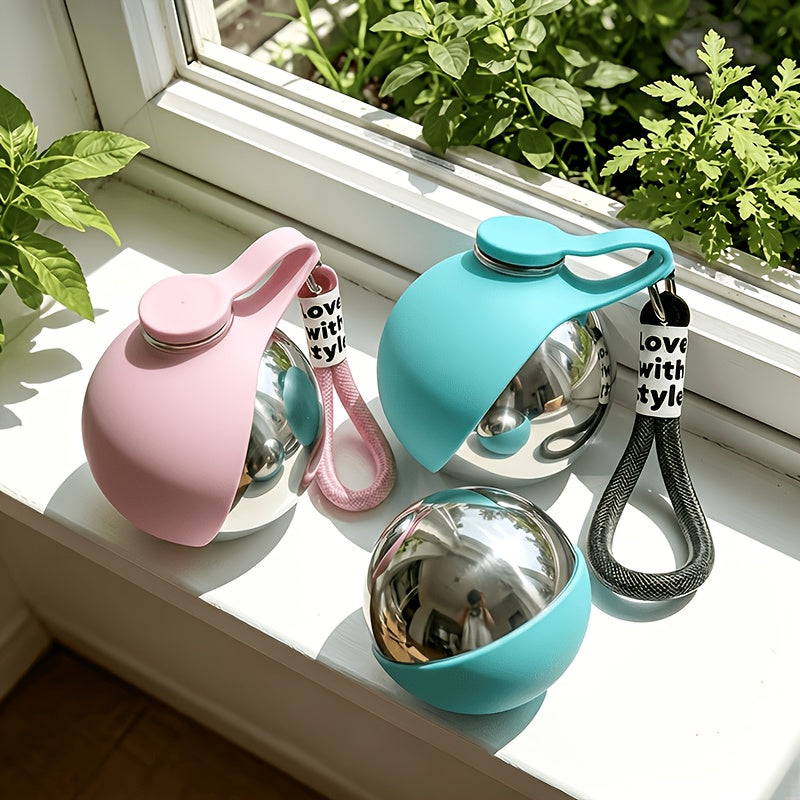 Stainless Steel Pet Travel Water Bottle – 9.6oz Leak-Proof Dog & Cat Drinking Bottle with Foldable Bowl for Outdoor Hiking Walking Camping, 304 Steel, Blue & Pink