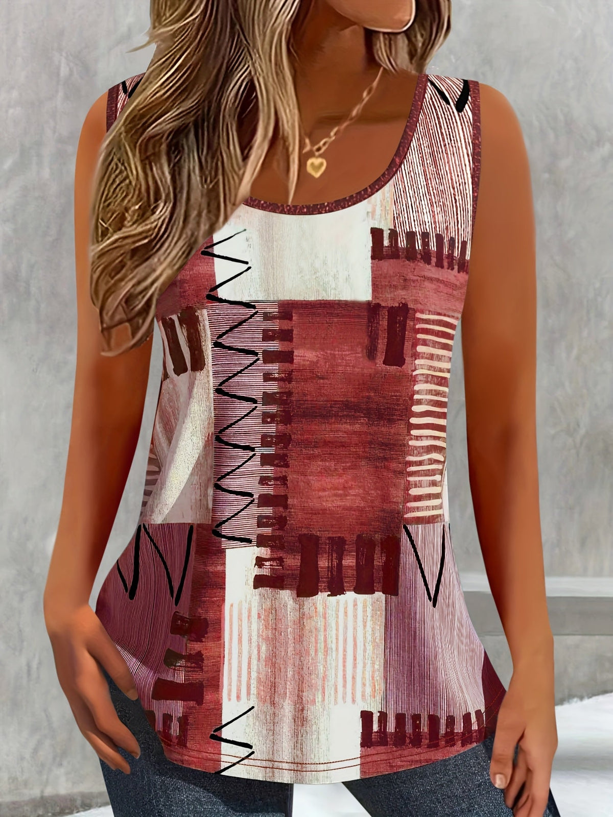 Women's Color Block Geometric Print Sleeveless Tank Top - Casual Round Neck Shirt, Breathable Stretch Fabric, Summer Tops for Women S M L XL