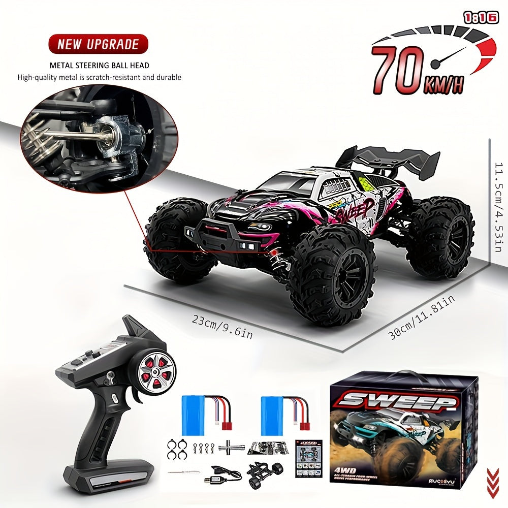 16101Pro RC Car 1/16 Scale 4WD Brushless Motor 70KM/H Off-Road Drift Racing Truck with 2.4GHz Remote Control, 4x4 All-Terrain Racing Vehicle – High Speed RC Truck with 2 Batteries Included