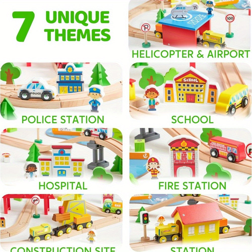 110-Piece Wooden Train Set for Kids – City Scene Railway with 6 Magnetic Trains, 5 Themed Vehicles, Helicopter, Ship & 7 City Themes – Compatible with All Major Brands – Best Birthday Christmas STEM Gift for Boys & Girls