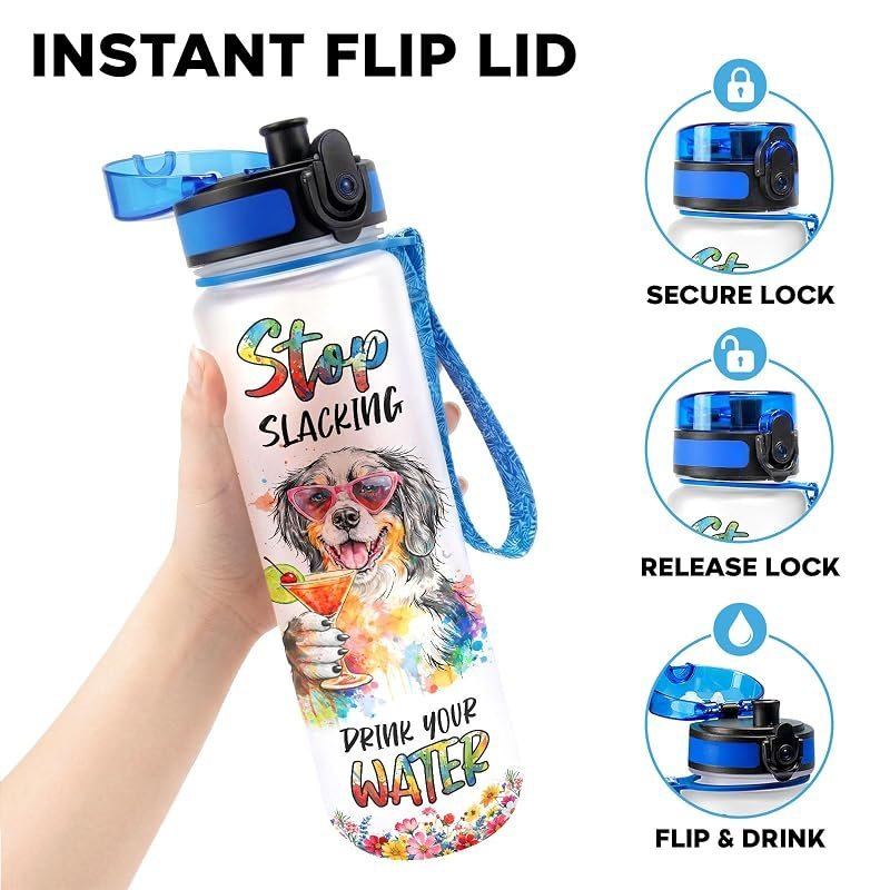 Bernese Mountain Dog Water Bottle 32oz with Time Marker & Flip Lid – Motivational Hydration Tracker Sports Bottle with Carry Strap, Reusable BPA-Free Gift for Dog Lovers