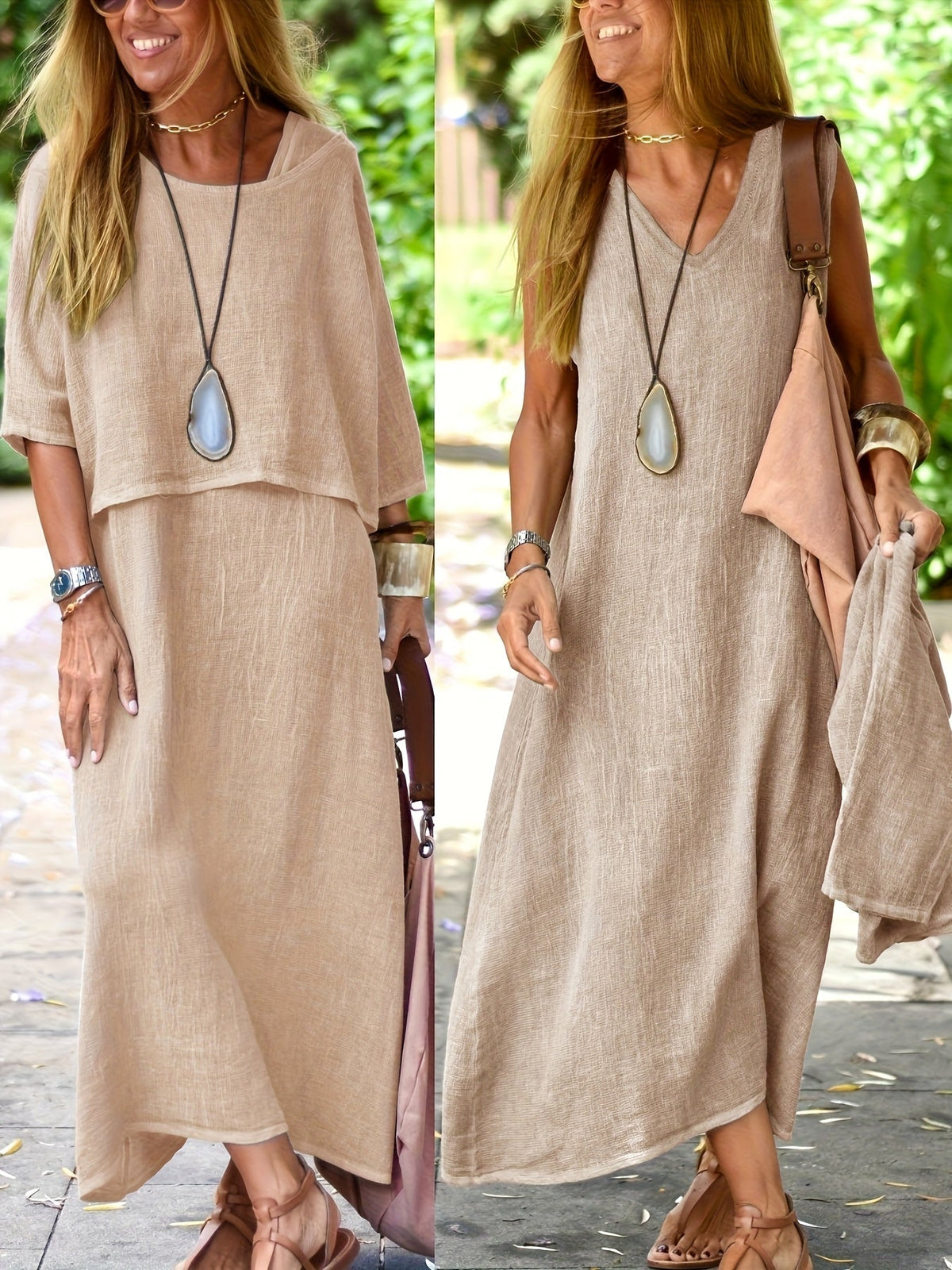 Women's Two Piece Set Casual Loose Top and Sleeveless Maxi Dress Summer Boho Outfit Black Khaki Sky Blue Slate Grey S M L XL XXL