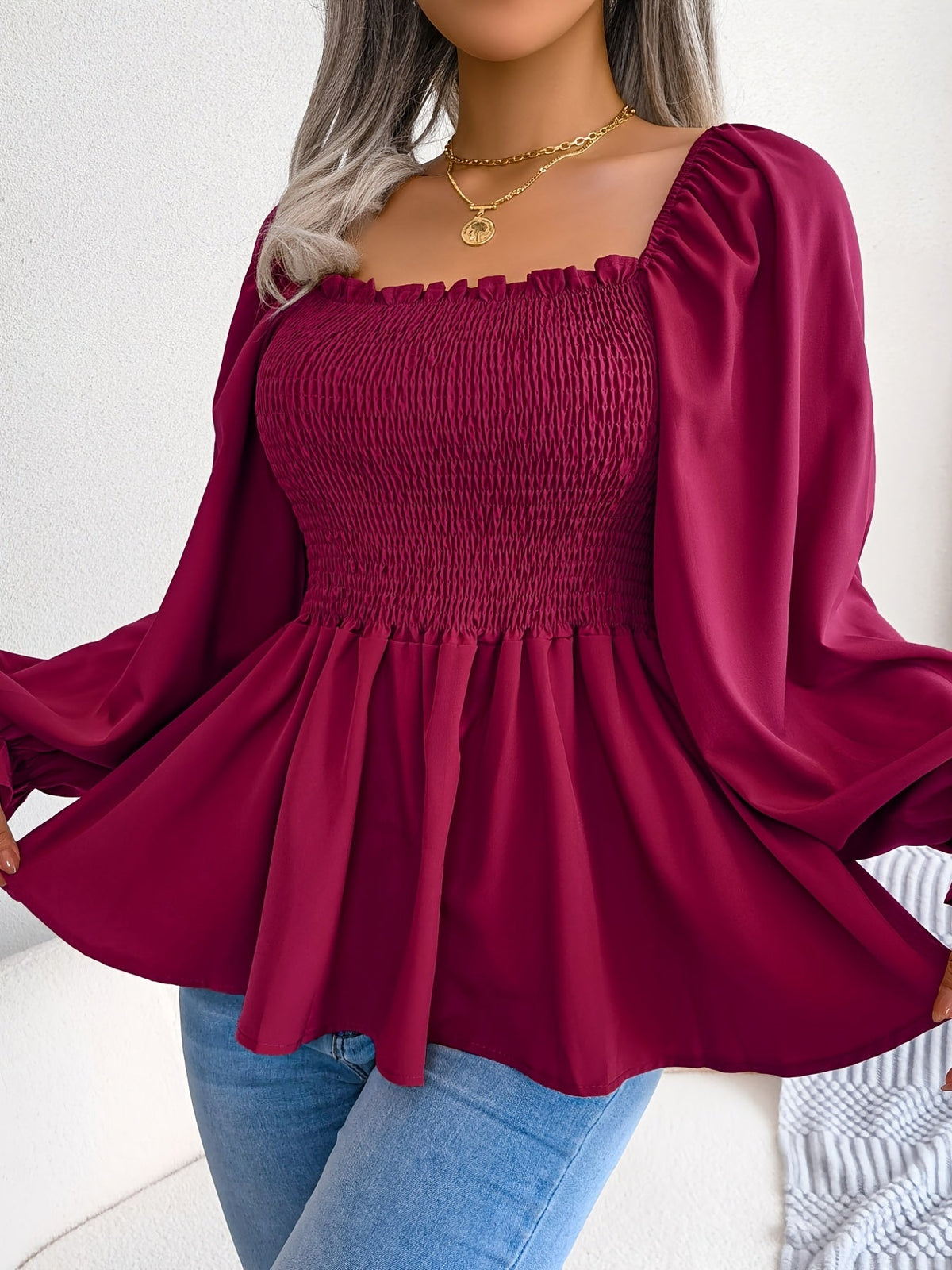 Women's Square Neck Chiffon Blouse Flutter Sleeve Ruffle Hem Top | Casual Long Flared Sleeve Solid Color Woven Polyester Shirt S M L XL